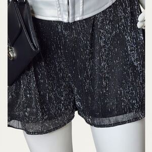 Dex Pull-On Paperbag Waist Flowy Metallic Shorts Black Sparkle Large NWT